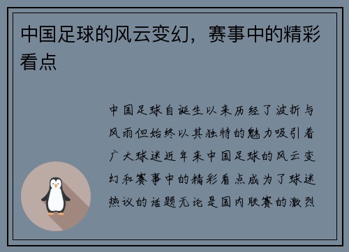 中国足球的风云变幻，赛事中的精彩看点